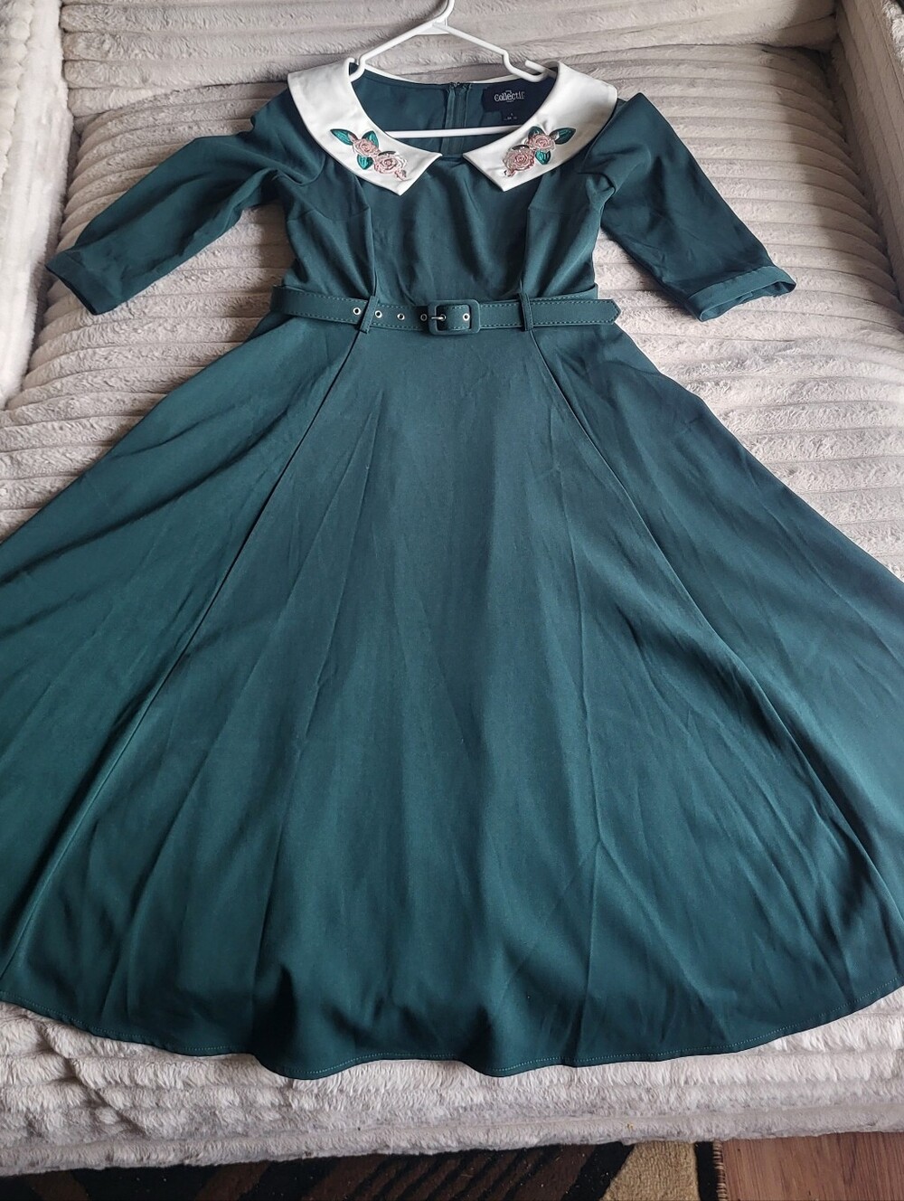 Collectif Green Fit-and-Flare Dress with White Embroidered Collar